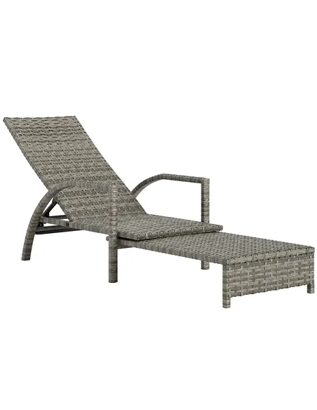 Outsunny Reclining Rattan Lounger, with Extending Footrest - Grey