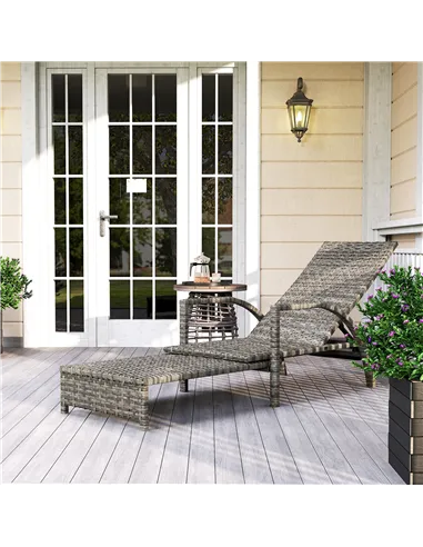 Outsunny Reclining Rattan Lounger, with Extending Footrest - Grey