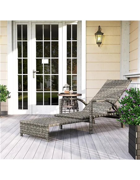 Outsunny Reclining Rattan Lounger, with Extending Footrest - Grey