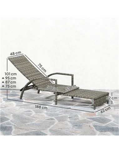 Outsunny Reclining Rattan Lounger, with Extending Footrest - Grey