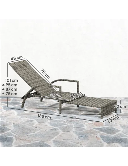 Outsunny Reclining Rattan Lounger, with Extending Footrest - Grey