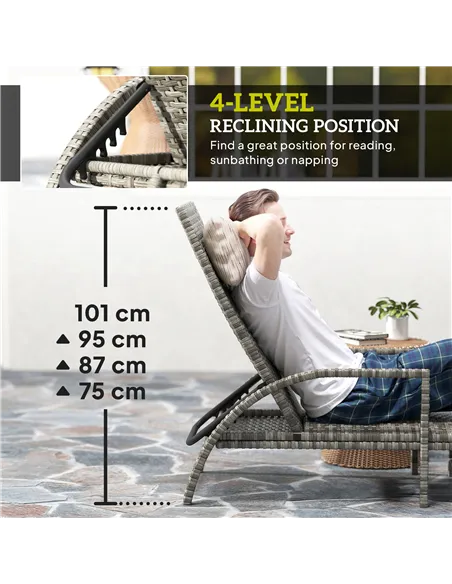 Outsunny Reclining Rattan Lounger, with Extending Footrest - Grey