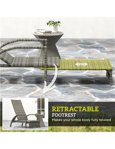 Outsunny Reclining Rattan Lounger, with Extending Footrest - Grey