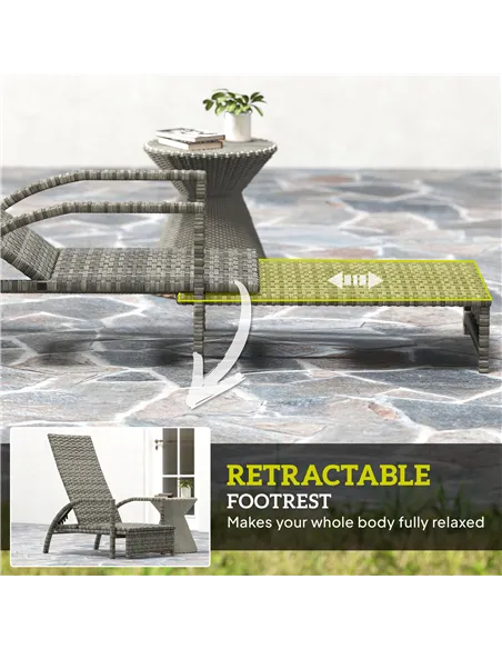 Outsunny Reclining Rattan Lounger, with Extending Footrest - Grey