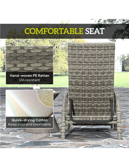 Outsunny Reclining Rattan Lounger, with Extending Footrest - Grey