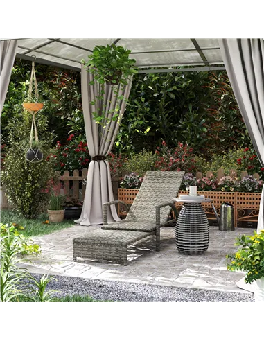 Outsunny Reclining Rattan Lounger, with Extending Footrest - Grey