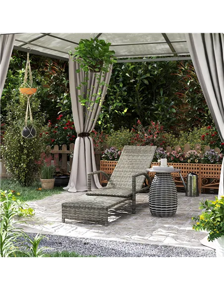 Outsunny Reclining Rattan Lounger, with Extending Footrest - Grey