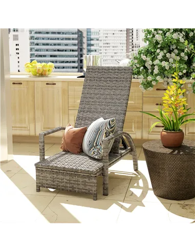 Outsunny Reclining Rattan Lounger, with Extending Footrest - Grey