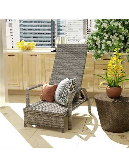 Outsunny Reclining Rattan Lounger, with Extending Footrest - Grey