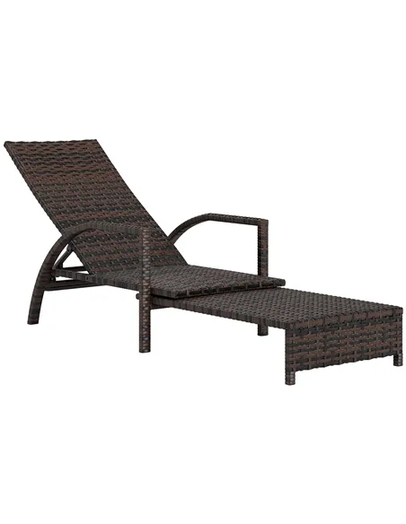 Outsunny Reclining Rattan Lounger, with Extending Footrest - Brown