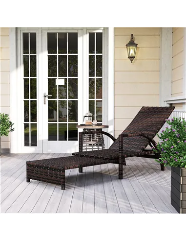 Outsunny Reclining Rattan Lounger, with Extending Footrest - Brown