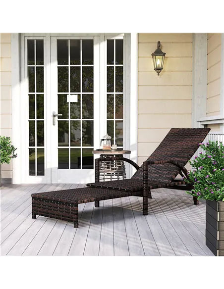 Outsunny Reclining Rattan Lounger, with Extending Footrest - Brown