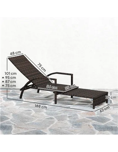 Outsunny Reclining Rattan Lounger, with Extending Footrest - Brown