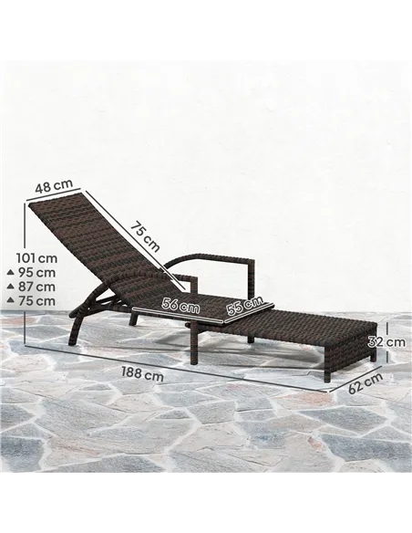 Outsunny Reclining Rattan Lounger, with Extending Footrest - Brown