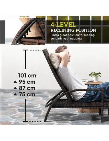 Outsunny Reclining Rattan Lounger, with Extending Footrest - Brown