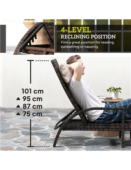 Outsunny Reclining Rattan Lounger, with Extending Footrest - Brown
