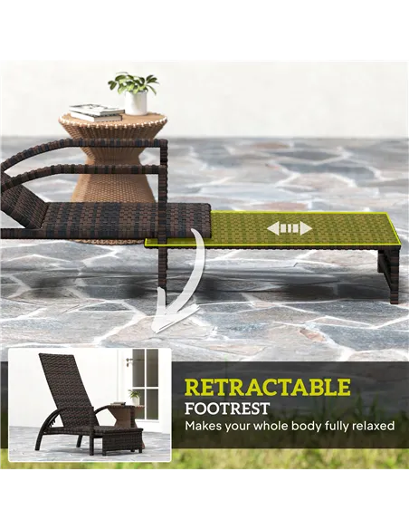 Outsunny Reclining Rattan Lounger, with Extending Footrest - Brown