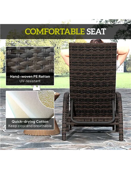 Outsunny Reclining Rattan Lounger, with Extending Footrest - Brown