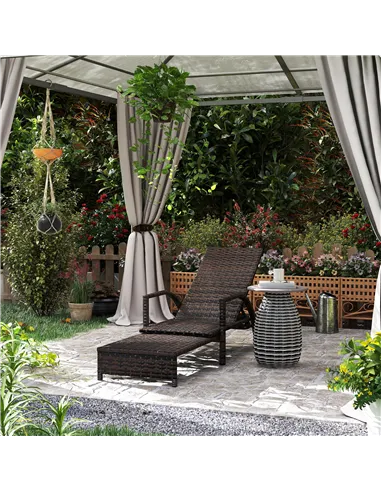 Outsunny Reclining Rattan Lounger, with Extending Footrest - Brown