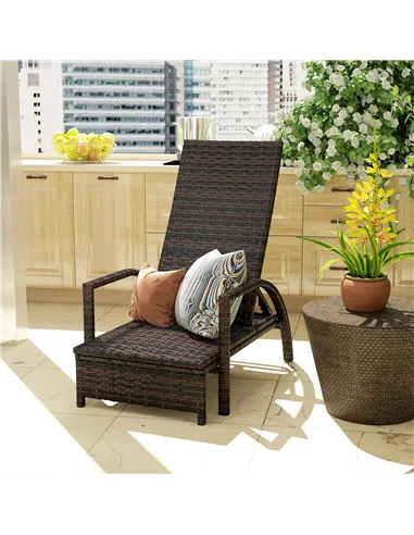 Outsunny Reclining Rattan Lounger, with Extending Footrest - Brown