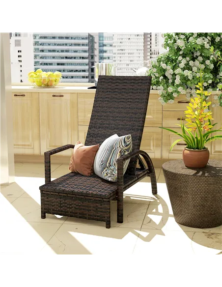 Outsunny Reclining Rattan Lounger, with Extending Footrest - Brown