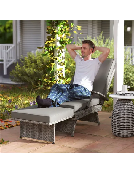 Outsunny 80° Reclining Rattan Lounger - Grey