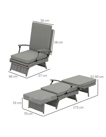 Outsunny 80° Reclining Rattan Lounger - Grey