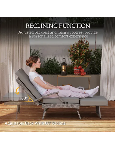Outsunny 80° Reclining Rattan Lounger - Grey