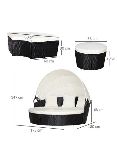 Outsunny Five-Piece Rattan Garden Bed, with Canopy - Black/White