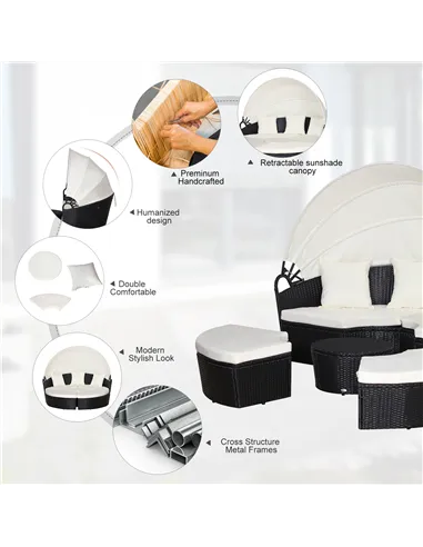 Outsunny Five-Piece Rattan Garden Bed, with Canopy - Black/White