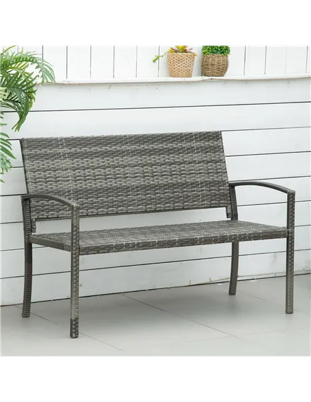 Outsunny 2 Seater Poly Rattan Garden Bench, All Weather Wicker Garden Loveseat, Outdoor Seating Bench with 240 Load Capacity, Ba