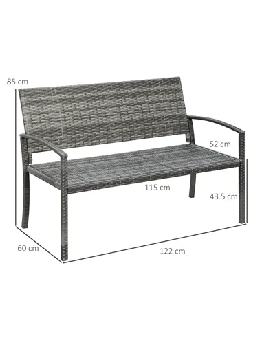 Outsunny 2 Seater Poly Rattan Garden Bench, All Weather Wicker Garden Loveseat, Outdoor Seating Bench with 240 Load Capacity, Ba