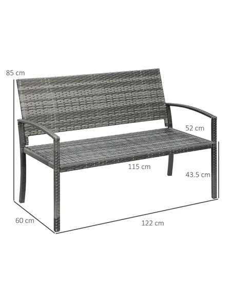 Outsunny 2 Seater Poly Rattan Garden Bench, All Weather Wicker Garden Loveseat, Outdoor Seating Bench with 240 Load Capacity, Ba