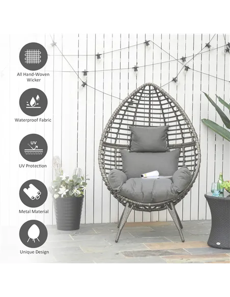 Outsunny Teardop PE Wicker Rattan Chair w/ Thick Cushions 4 Legs Outdoor Seat Egg Garden