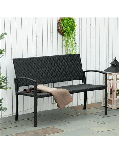 Outsunny 2 Seater Poly Rattan Garden Bench, All Weather Wicker Garden Loveseat, Outdoor Seating Bench with 240 Load Capacity, Ba