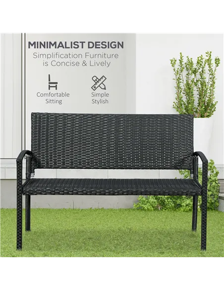 Outsunny 2 Seater Poly Rattan Garden Bench, All Weather Wicker Garden Loveseat, Outdoor Seating Bench with 240 Load Capacity, Ba
