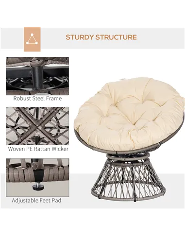 Outsunny 360° Swivel Rattan Moon Bowl Chair Round Lounge Garden Wicker Basket Seat with Padded Cushion Oversized for Outdoor Ind