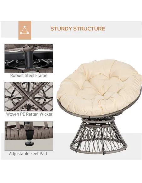 Outsunny 360° Swivel Rattan Moon Bowl Chair Round Lounge Garden Wicker Basket Seat with Padded Cushion Oversized for Outdoor Ind