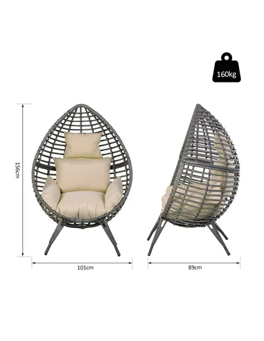 Outsunny Garden Egg Chair, Teardrop Outdoor PE Rattan Chair with Full-body Soft Padded Cushion, Grey