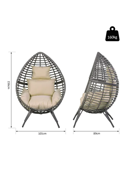 Outsunny Garden Egg Chair, Teardrop Outdoor PE Rattan Chair with Full-body Soft Padded Cushion, Grey