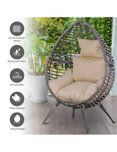 Outsunny Garden Egg Chair, Teardrop Outdoor PE Rattan Chair with Full-body Soft Padded Cushion, Grey