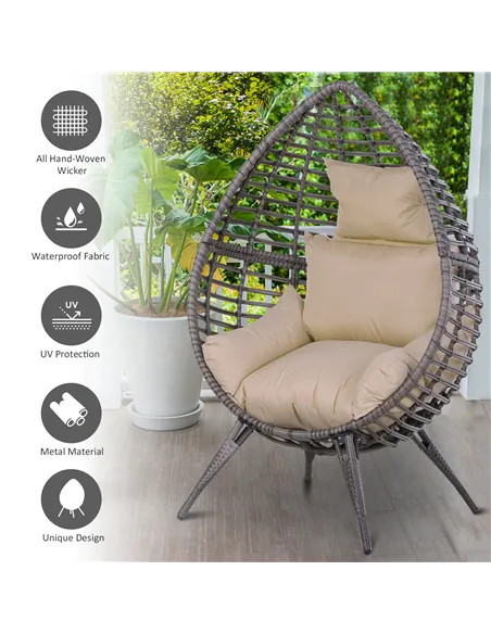 Outsunny Garden Egg Chair, Teardrop Outdoor PE Rattan Chair with Full-body Soft Padded Cushion, Grey