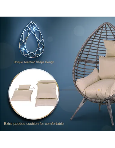 Outsunny Garden Egg Chair, Teardrop Outdoor PE Rattan Chair with Full-body Soft Padded Cushion, Grey