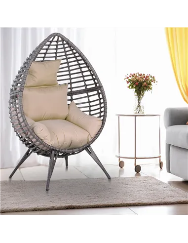 Outsunny Garden Egg Chair, Teardrop Outdoor PE Rattan Chair with Full-body Soft Padded Cushion, Grey