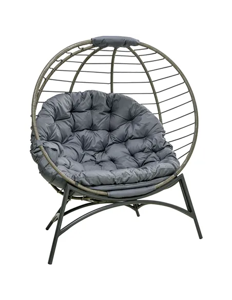 Outsunny Folding Rattan Egg Chair, Freestanding Basket Chair with Cushion, Bottle Holder Bag for Outdoor or Indoor, Grey