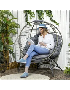 Outsunny Folding Rattan Egg Chair, Freestanding Basket Chair with Cushion, Bottle Holder Bag for Outdoor or Indoor, Grey 2