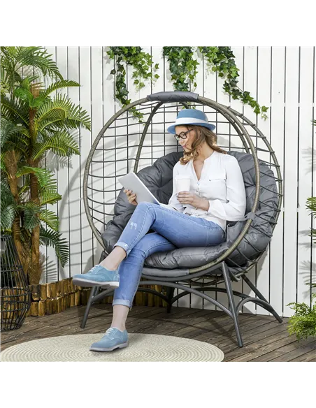 Outsunny Folding Rattan Egg Chair, Freestanding Basket Chair with Cushion, Bottle Holder Bag for Outdoor or Indoor, Grey