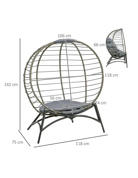 Outsunny Folding Rattan Egg Chair, Freestanding Basket Chair with Cushion, Bottle Holder Bag for Outdoor or Indoor, Grey