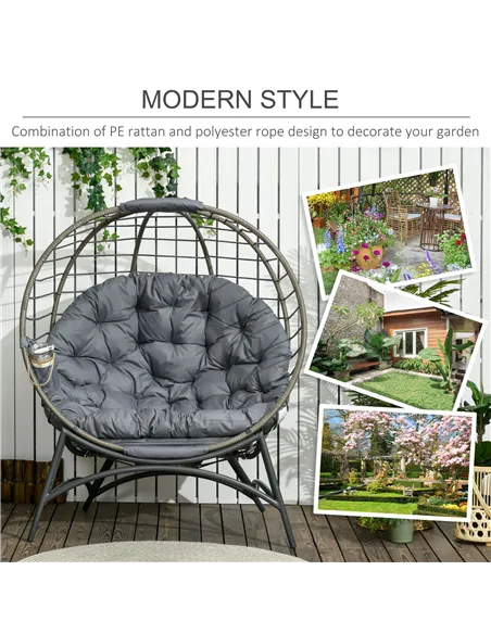 Outsunny Folding Rattan Egg Chair, Freestanding Basket Chair with Cushion, Bottle Holder Bag for Outdoor or Indoor, Grey