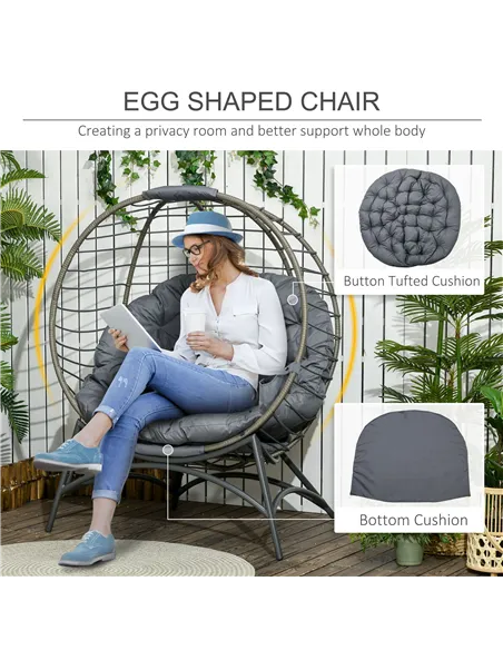 Outsunny Folding Rattan Egg Chair, Freestanding Basket Chair with Cushion, Bottle Holder Bag for Outdoor or Indoor, Grey